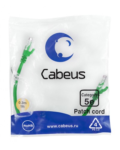 Патч-корд медный U/UTP кат.5е (0,3м) LSZH (зеленый) Cabeus (PC-UTP-RJ45-Cat.5e-0.3m-GN-LSZH) в Королеве Патчкорды (медные) Pintop.ru