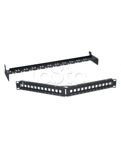 Патч-панель угловая модульная 19, 1U, 24 порта RJ-45, для неэкранированных модулей, с задним кабельным организатором (без модулей) Cabeus PLB-24-CON в Королеве Патч панель Pintop.ru