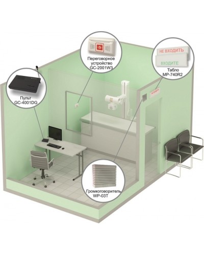 Комплект светового, звукового и голосового вызова посетителя в кабинет Hostcall MP-912W2 в Королеве Система оповещения и трансляции Hostcall Pintop.ru