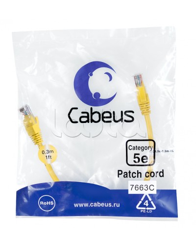 Патч-корд медный U/UTP категория 5е (0,3м) LSZH (желтый) Cabeus (PC-UTP-RJ45-Cat.5e-0.3m-YL-LSZH) в Королеве Патчкорды (медные) Pintop.ru