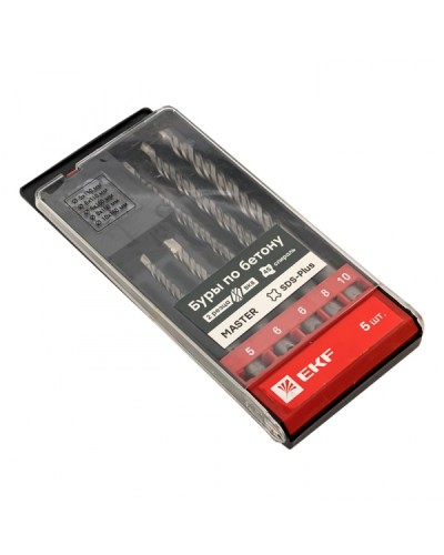 Набор буров по бетону SDS-plus (5/110, 6/110, 6/160, 8/160, 10/160) 2 резца 4S спираль EKF Master (db-h5-2x4) в Королеве Аксессуары для кабель-канала Pintop.ru