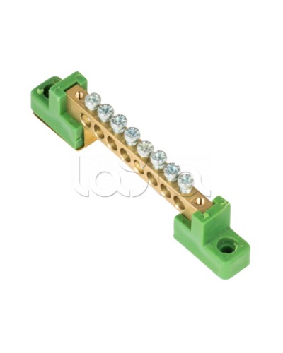 Шина 0 PE 6x9мм 8 отверстий латунь с контактной пластиной 2 зелёных угловых изолятора EKF (sn0-63-08-2-pe) в Королеве Клеммные колодки Pintop.ru