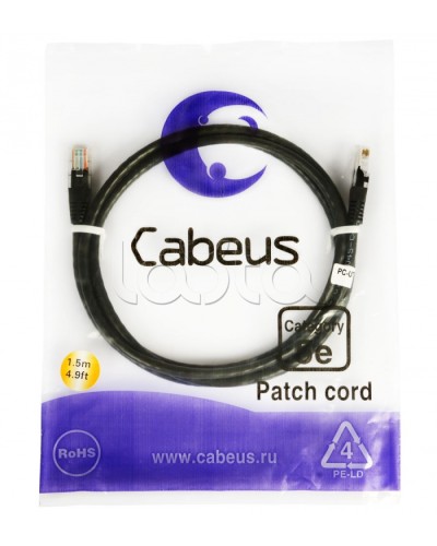 Патч-корд 2xRJ-45/8P8C U/UTP кат.5е (2 м) Cabeus PC-UTP-RJ45-CAT.5E-2M-BK в Королеве Патчкорды (медные) Pintop.ru