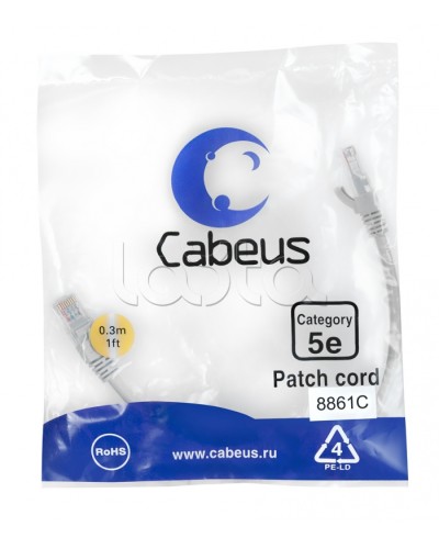 Патч-корд медный U/UTP кат.5е (0,3м) LSZH (белый) Cabeus (PC-UTP-RJ45-Cat.5e-0.3m-WH-LSZH) в Королеве Патчкорды (медные) Pintop.ru