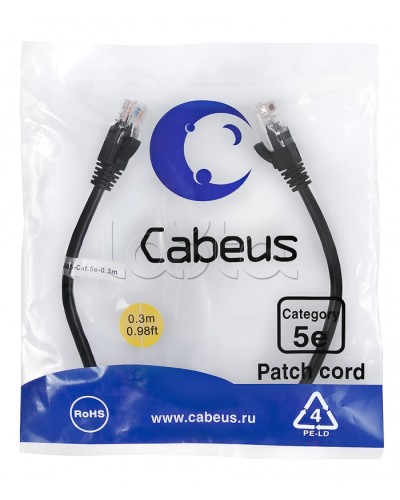Патч-корд медный U/UTP кат.5е (0,3м) LSZH (черный) Cabeus (PC-UTP-RJ45-Cat.5e-0.3m-BK-LSZH) в Королеве Патчкорды (медные) Pintop.ru