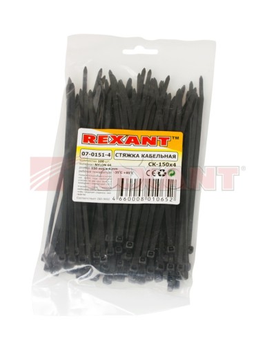 Хомут-стяжка нейлоновый 4х150 мм чёрный (100шт/уп) REXANT 07-0151-4 в Королеве Стяжки-хомуты Pintop.ru