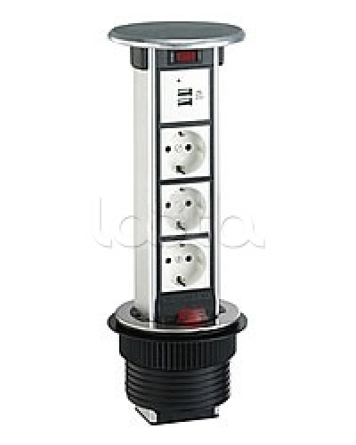 Блок розеточный встраеваемый в стол, 4 поста (45х45) IP54, с выключателем нагрузки (алюм+нерж.сталь) Экопласт 70334 в Королеве Блоки розеток Pintop.ru